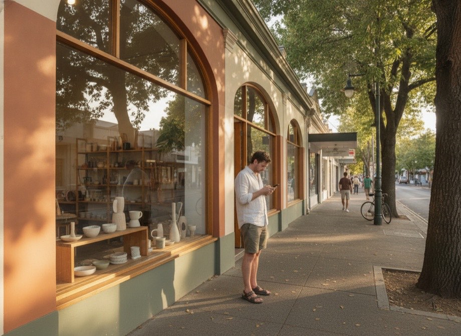 Local SEO Perth, a Perth suburb high street with a customer searching on their phone