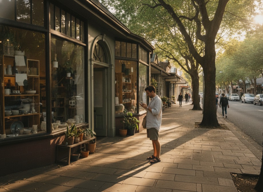 Local SEO Sydney, a Sydney suburban high street with a customer searching on their phone