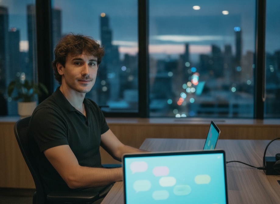 ChatGPT Ads — exploring AI chat on a laptop in a Sydney office at dusk
