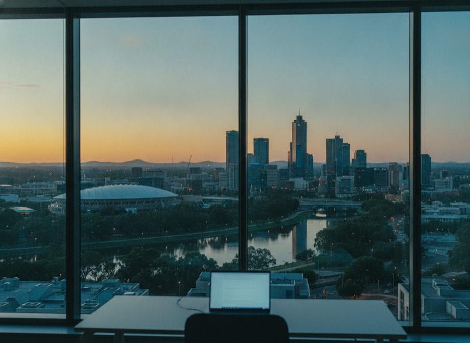 Adelaide skyline at dusk with hills on the horizon