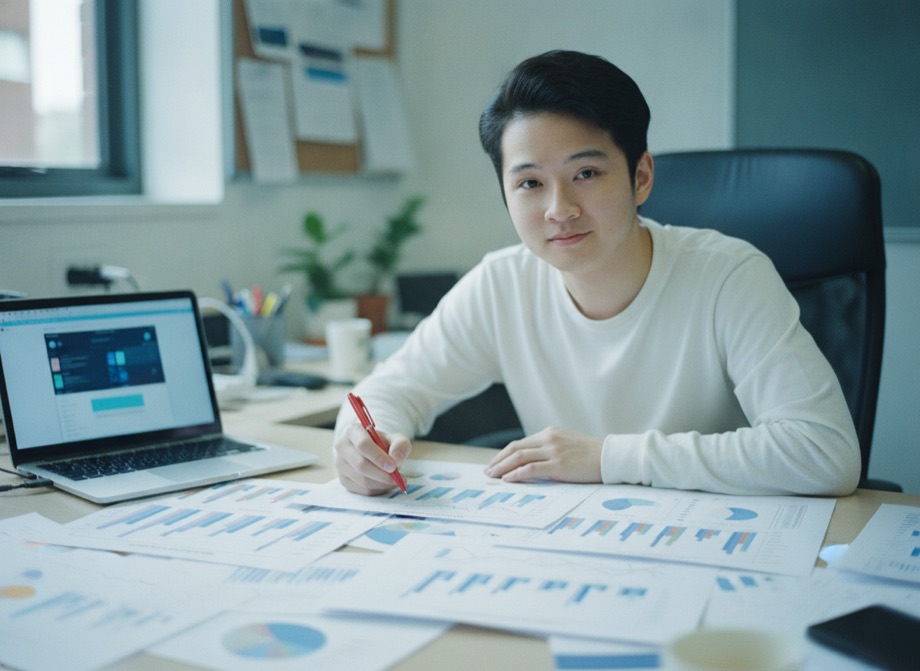 SEO audit in progress — analyst annotating printed analytics charts