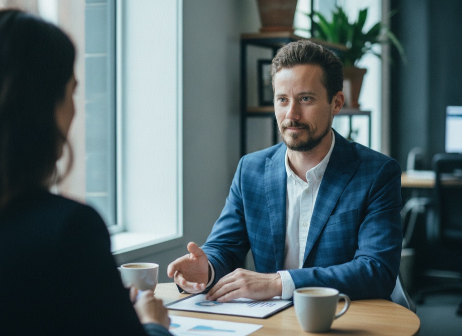 Melbourne SEO consultant Alex Morrison in an advisory meeting over printed reports
