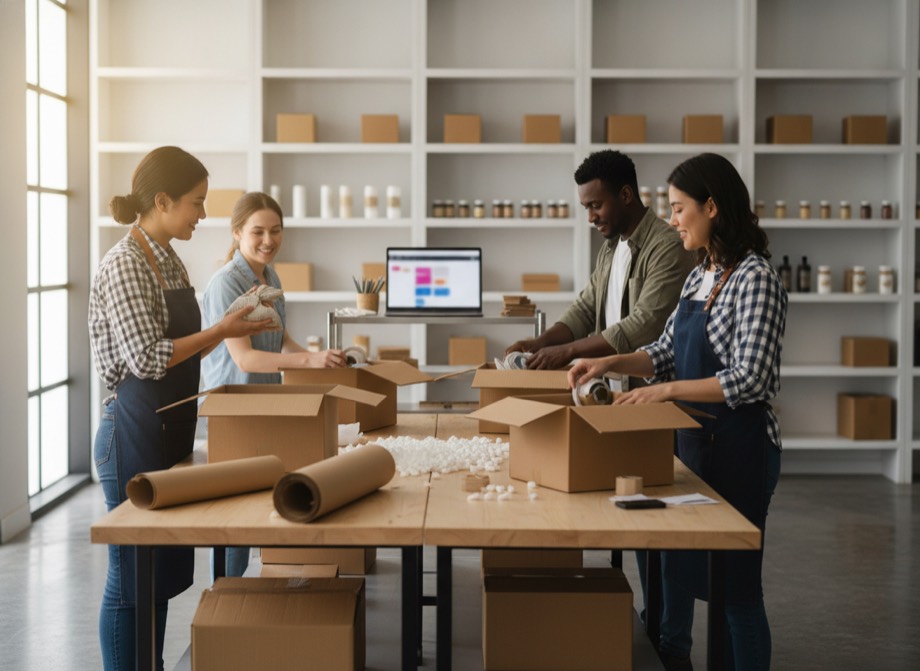 SEO for ecommerce, an online retail team packing orders in a warehouse