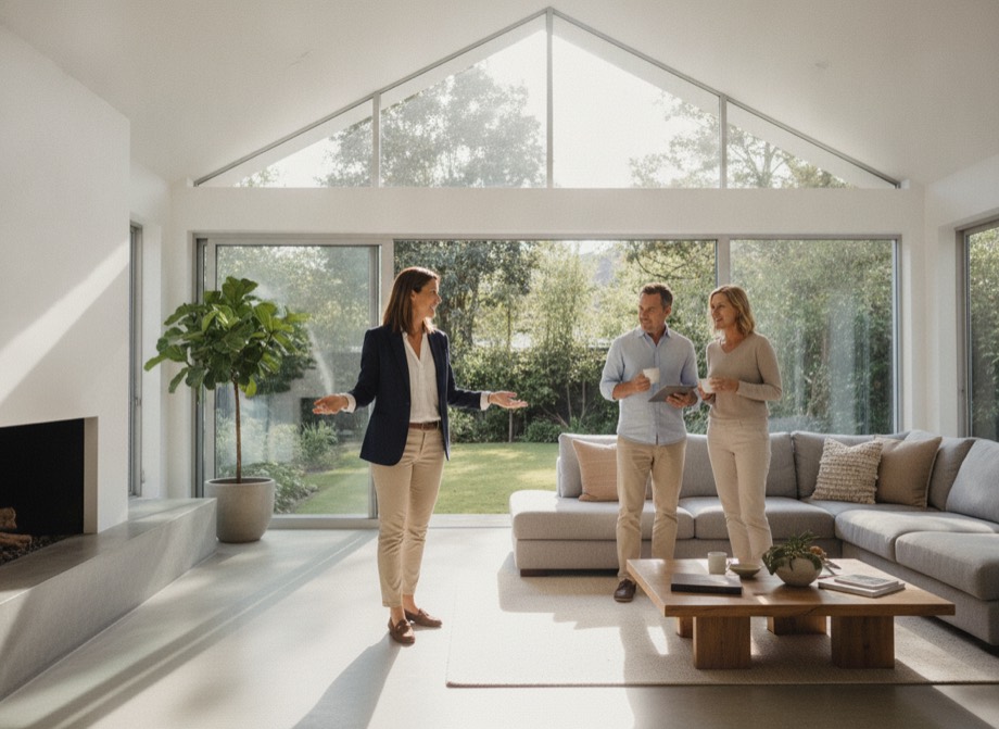 SEO for real estate, an agent showing a modern Australian home