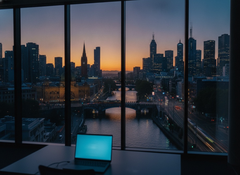 Melbourne CBD skyline at golden hour from an office window