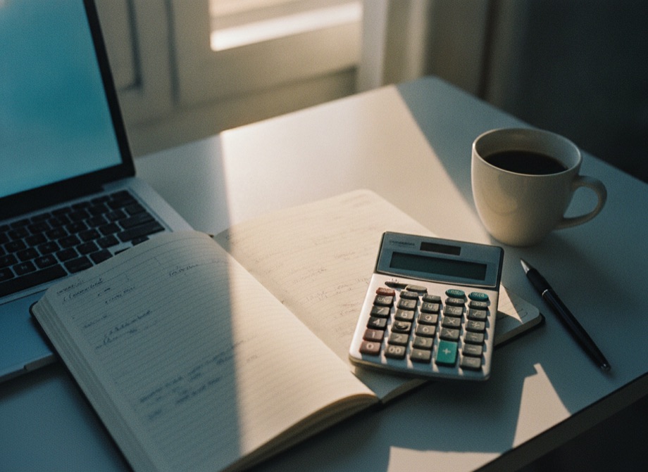 Planning an SEO budget in Melbourne — notebook, calculator and coffee on a desk