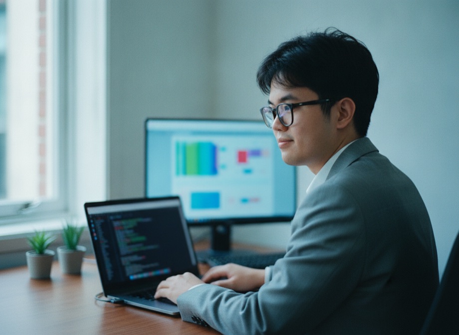 Technical SEO audit — developer reviewing a website across two screens