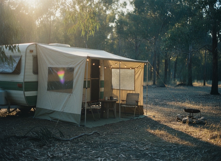 Caravan with canvas annexe at a leafy Australian campsite